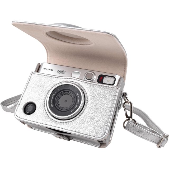 ORUYROP Case for Fuji Instax Mini EVO Instant Camera-PU Leather Mini EVO Protective Case in Lychee Texture Horizontal Style-with Adjustable Shoulder Strap-Silver