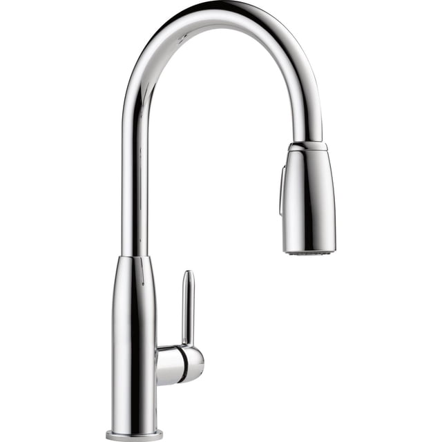 Peerless Single Handle Pull-Down Kitchen Faucet in Chrome with a high-arc spout and integrated single lever handle, featuring a 2-function pull-down sprayer for easy pot filling and cleaning, designed for 1 or 3-hole sink installation and ADA compliant.