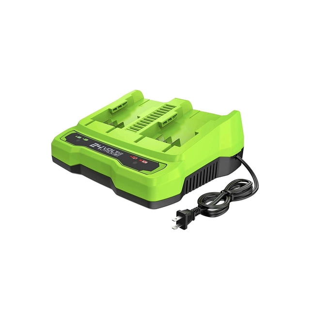 Greenworks 24V 4A Dual Port Charger, CAG817, angled front view showing bright green and black dual battery charger with LED indicator lights and attached power cord, designed for charging 24V lithium-ion batteries used in power tools and outdoor equipment.