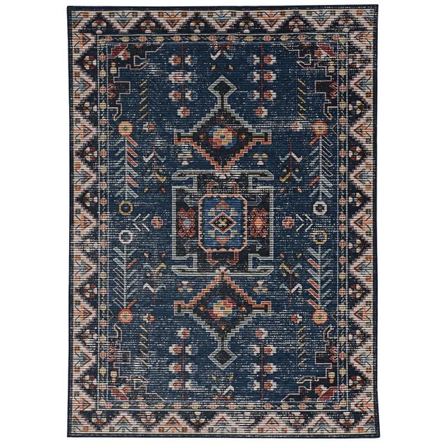 Larson 3' x 5' washable accent rug in teal and ivory with a kilim-inspired geometric pattern featuring bright yellow and orange accents, made of stain-resistant 100% polyester with nonslip rubber backing, ideal for high-traffic areas and machine washable for easy care.
