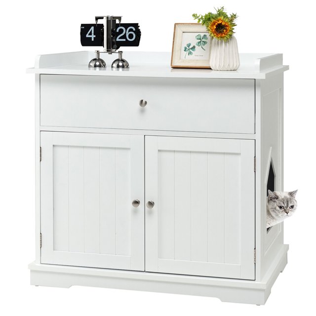 Gymax Wooden Cat Litter Box Enclosure w/ Drawer Side Table Furniture White