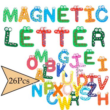 DEBGFS 26Pcs Wooden Magnets Fridge Letters Wood Large Magnetic Refrigerator ABC Alphabet Cute Spelling Learning Game Toys for Kids Baby Girls Boys Toddler Preschool Educational (Letter)