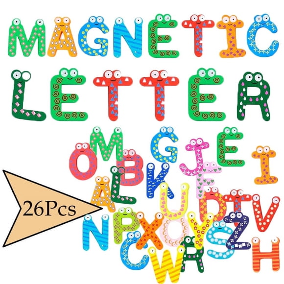 DEBGFS 26Pcs Wooden Magnets Fridge Letters Wood Large Magnetic Refrigerator ABC Alphabet Cute Spelling Learning Game Toys for Kids Baby Girls Boys Toddler Preschool Educational (Letter)
