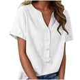 thumbnail image 1 of Floleo T-Shirt à Manches Courtes pour Femmes, Style Lin, Col en V, Boutons devant, Demi-Ouverture, Haut Vintage Classique, Respirant, Confortable, Extensible, Tissu Fin, Printemps Été Automne, Tenue Quotidienne (White#1,S), 1 of 8
