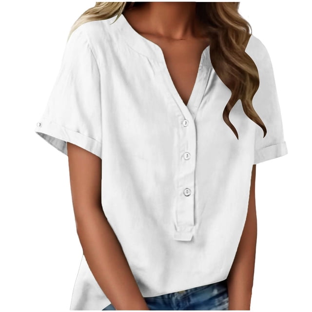 Floleo T-Shirt à Manches Courtes pour Femmes, Style Lin, Col en V, Boutons devant, Demi-Ouverture, Haut Vintage Classique, Respirant, Confortable, Extensible, Tissu Fin, Printemps Été Automne, Tenue Quotidienne (White#1,S)