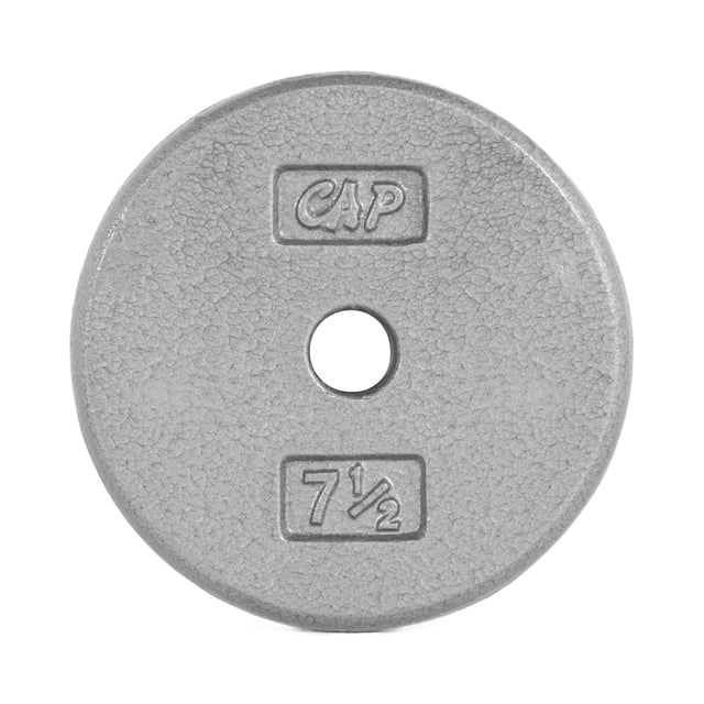 CAP Barbell Standard 1-Inch Cast Iron Weight Plate, 7.5 lb, Single, Grey, front-facing round grey cast iron weight plate with a 1-inch center hole, embossed CAP logo and 7 1/2 weight marking, coated in baked enamel finish for durability, suitable for standard 1-inch bars and strength training.