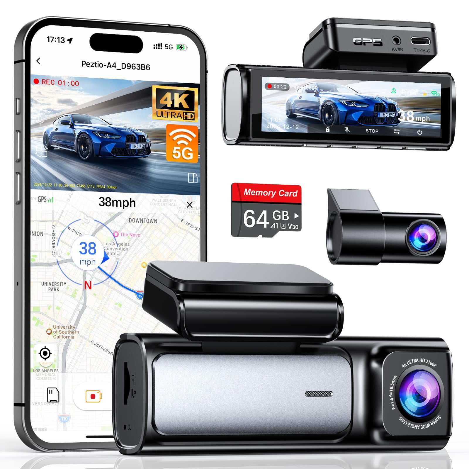 Affver 4K Dash Cam Front and Rear, Built-in 5G WiFi GPS, 64GB Card Included, 3.59'' IPS Screen Dash Camera for Cars, Dual Dashcam