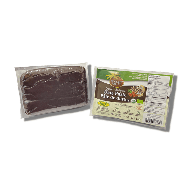 Golden Valley Date Paste 454g with front and back packaging visible, featuring organic date paste labeled as a natural sweetener ideal for baking cakes and tarts, next to a vacuum-sealed block of dark brown date paste.