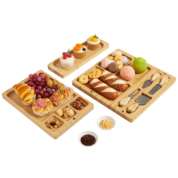 Towallmark Ensemble-Cadeau de Planches Alimentaires en Bambou 3 en 1, Grand Ensemble de Planches à Fromage en Bambou avec Ensemble de Couteaux, Ensemble de Planches de Charcuterie, Plateau à Fromage pour Fête d'Halloween, Cadeaux de Pendaison de Crémaillère, Cadeau de Mariage