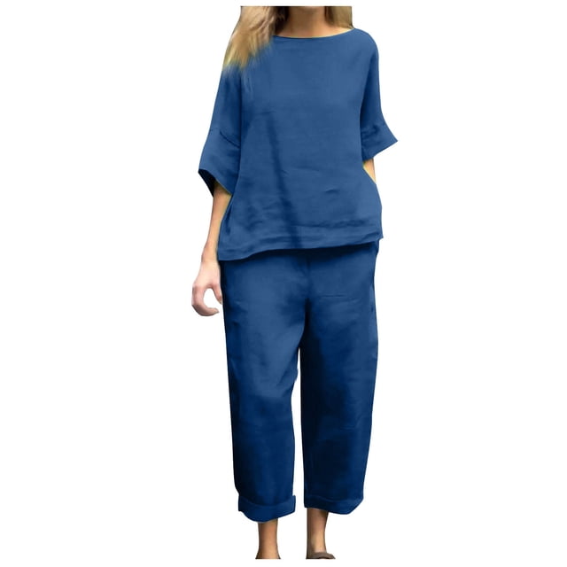 Yuyuzo Ensembles d'Été pour Femmes en Coton et Lin 2 Pcs Haut à Manches Mi-Longues Col Ras du Cou Pantalon à Jambe Droite Ensembles de Détente Assortis