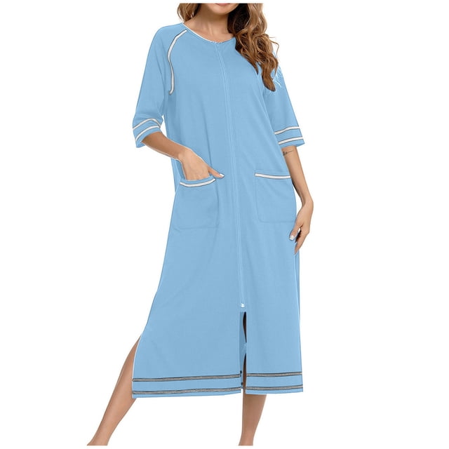 MeetoTime Robe pour Femmes à Fermeture Éclair devant, Robe de Maison, Chemise de Nuit à Manches 3/4, Longueur Complète, Tenue de Détente pour Dames avec Poches