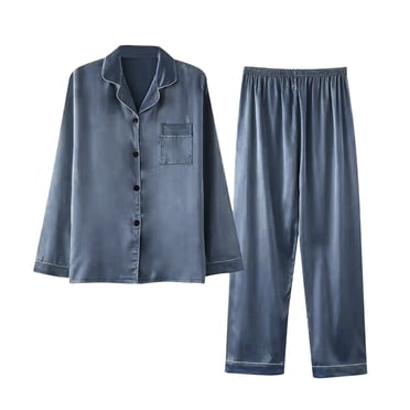 WRKEKC 2 Piece Sets for Women Elegant Silk Long Sleeve V-Neck Top with Pocket and Wide Leg Pants Loungewear Set for Fall Casual Home Wear