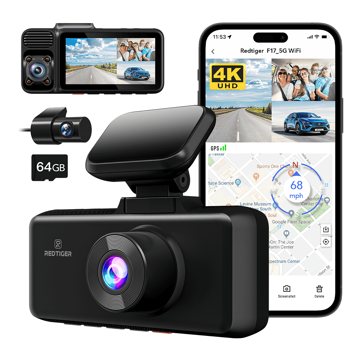 REDTIGER Dash Cam Front and Rear, Dash Cam 3 Channel with 5G WiFi GPS, Dash Camera Three Way with IR Night Vision, Free 64GB Card, 3 inch IPS Screen, Vehicle