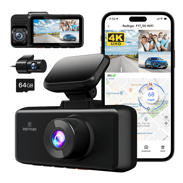 REDTIGER Dash Cam Front and Rear, Dash Cam 3 Channel with 5G WiFi GPS, Dash Camera Three Way with IR Night Vision, Free 64GB Card, 3 inch IPS Screen, Vehicle
