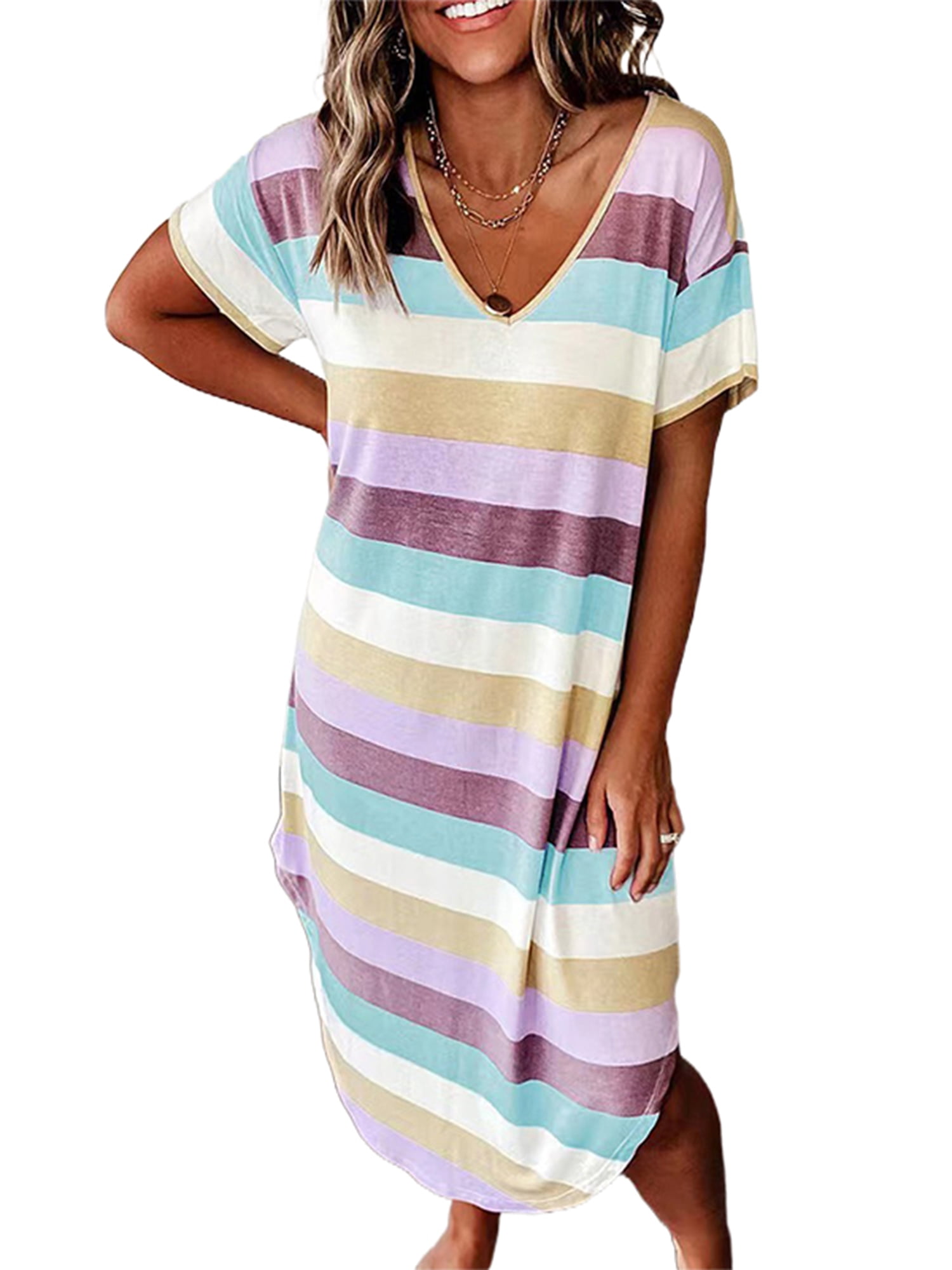 LUXUR Nuisette pour Femmes Chemise de Nuit Rayée Robe de Nuit à Col en V Tenue de Nuit Décontractée Robes T-Shirt à Manches Courtes Violet m