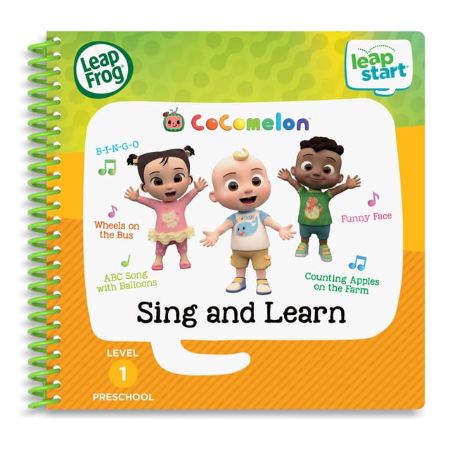 LeapFrog LeapStart® Preschool (Level 1) CoComelon™ Sing and Learn Activity Book with green spiral binding, featuring three CoComelon characters and song titles like Wheels on the Bus, B-I-N-G-O, ABC Song with Balloons, Funny Face, and Counting Apples on the Farm for interactive educational play.