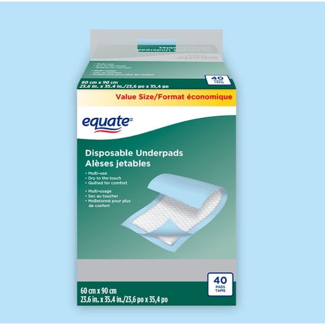 Equate Boîte de sous-Tapis Jetables avec 40 sous-Tapis Absorbants Multi-Usage Mesurant 60 cm par 90 cm (23.6 Po par 35.4 Po), avec texture Matelassée et surface Sèche au Toucher pour l'Incontinence Urinaire et Protéger les Matelas et les Meubles contre les Fuites.