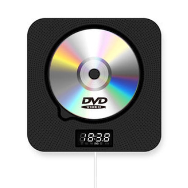 MEGICOT Bluetooth 5.0 Wall Mountable CD DVD Player featuring a black square design with a visible DVD disc in the center, an LCD display showing '88:88,' and a pull-switch cord at the bottom. This portable music player includes built-in HiFi speakers, a dust cover, and supports FM radio, CD/DVD/MP3/USB/AUX playback. It can be wall-mounted or placed on a desk using the included stand. Ideal for use in living rooms, bedrooms, or gyms.