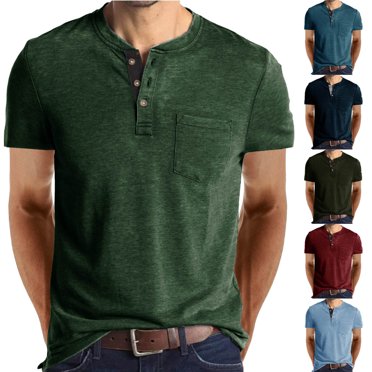 BADHUB Chemises Henley en Coton pour Hommes Classiques à Boutons Col Rond T-Shirts Vintage Couleur Unie avec Poche Tee-Shirt Économies d'Été Vert Armée m