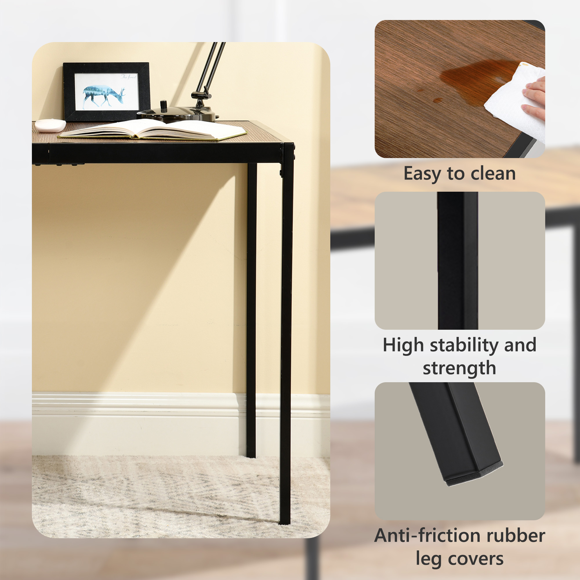 Homy Casa Table à manger rectangulaire industrielle de 47,2 po pour 4, plateau effet bois 3D espresso, cadre en métal noir