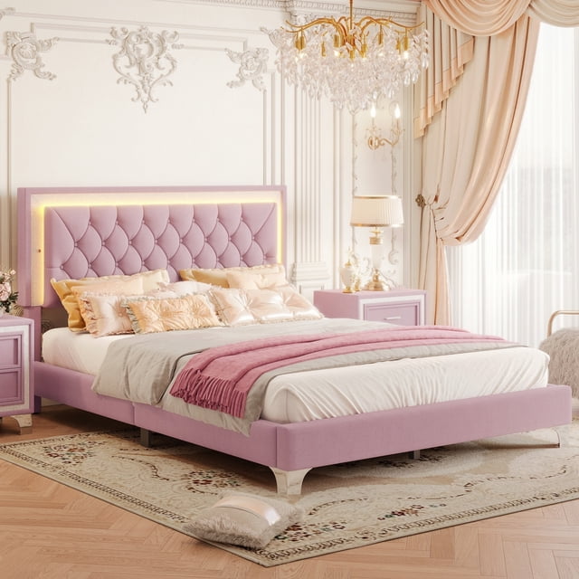 MODERNLUXE Queen Size Upholstered Platform Bed Frame,Modern Velvet Bed with LED Lights and Tufted Headboard,Pink