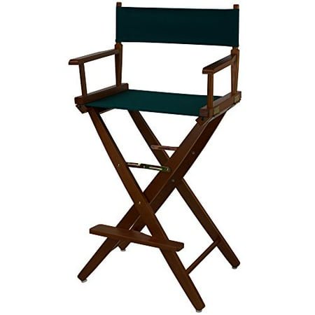 American Trails Extra-Wide Premium 30-inch Director's Chair with a Mission Oak frame and Hunter Green canvas seat and backrest, ideal for bar-height seating. This folding furniture piece includes armrests and a footrest for comfort, suitable for kitchen or dining spaces.