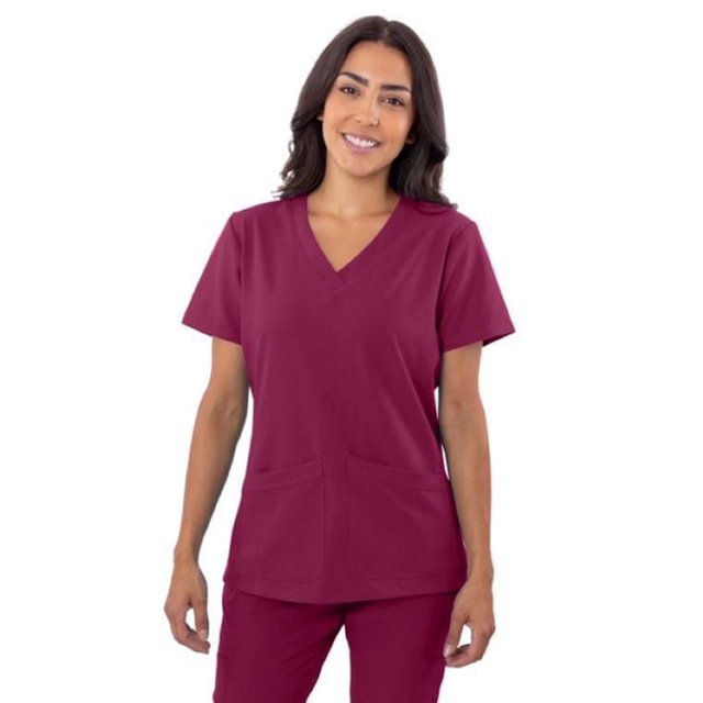 Greentown Canada 4Flex 1201) Sarraus Haut de Sarrau ( en Bourgogne à Coupe Contemporaine, Encolure en V, Manches Courtes et Deux Poches avant. Fait de 93 % polyester et 7 % Élasthanne avec Extensibilité 4 Directions et Tissu Qui Évacue l'Humidité pour le Confort et la Facilité de Mouvement.