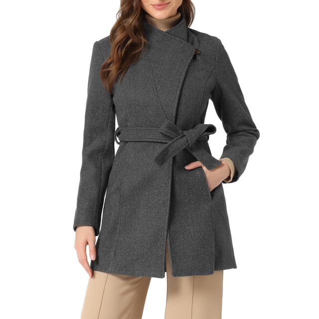 INSPIRE CHIC Manteau Trench Long Classique d'Hiver pour Femme à Col Montant avec Ceinture à Nouer S Gris Foncé