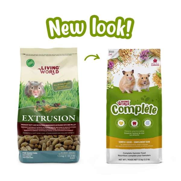 Living World Complete Hamster Food 1.5 kg packaging showing old Extrusion formula bag with one hamster and new Complete formula bag with two hamsters, nutritional icons, and Canadian maple leaf, illustrating the product's balanced nutrition for hamsters.