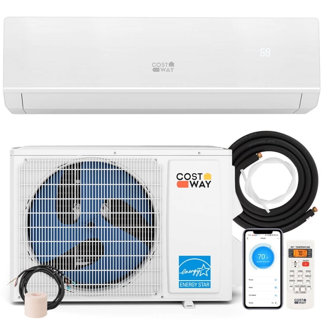 Costway 18000 BTU Mini Split Air Conditioner & Heater 25 SEER2 208-230V AC Unit. The image displays the white indoor unit with a digital temperature display and the outdoor unit with a visible fan, Costway logo, and ENERGY STAR certification. Included accessories are copper pipes, communication wire, drain hose, remote control, and a smartphone showing app control for convenience.