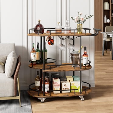 Bar Carts with 3-Tiers Storage Shelves,Mobile Serving Cart on Wheels with Wine Rack & Glass Holder for Kitchen, Dining, or Living Room