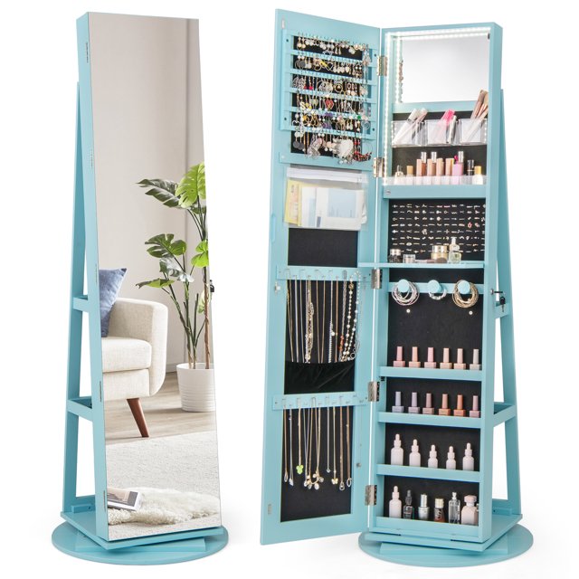 Gymax 360° Rotating Mirrored Jewelry Cabinet Armoire 3 Color LED Modes Lockable Blue