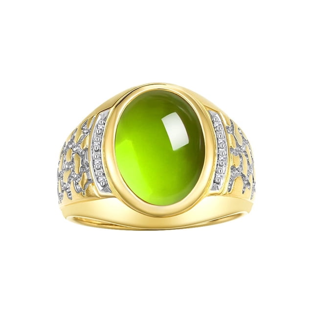 RYLOS Men's Rings 14K Yellow Gold Nugget Ring with Cabochon Gemstone & Diamonds Peridot Rings For Men Size 13