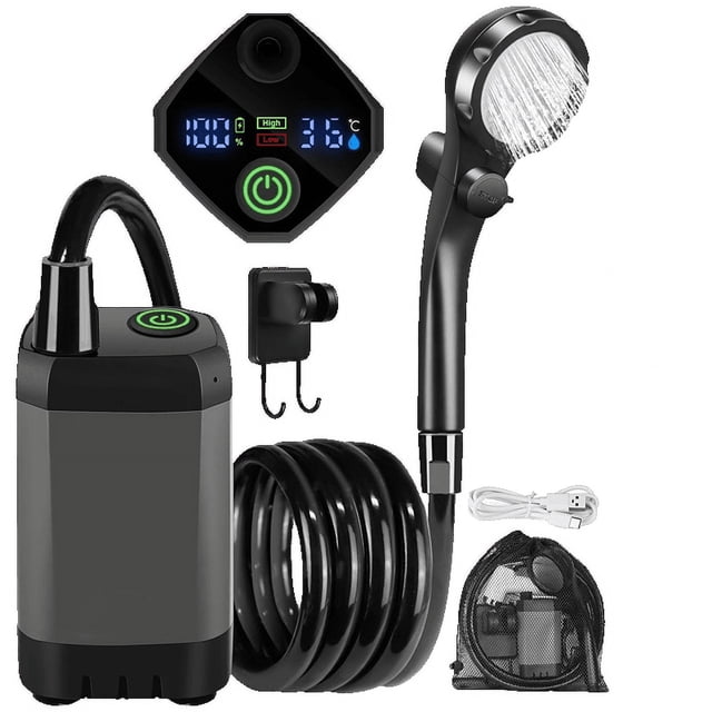 Quinlirra Liquidation Pompe de Douche Portable Rechargeable pour Camping Extérieur avec Batterie 6000mAh Affichage LED Débit d'Eau Réglable Filtre Multifonction pour Camping Randonnée Voyage à la Plage Nettoyage des Animaux
