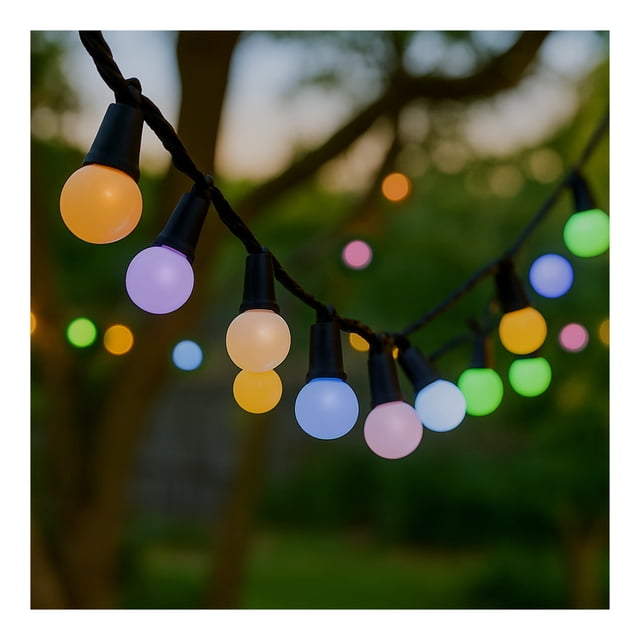 Mainstays Guirlande Lumineuse Solaire à DEL en Forme de Globe avec 180 Ampoules Globe Changeant de Couleur sur Fil Noir, Illustrée en Tons Jaune, Violet, Bleu, Rose et Vert Doux, Suspendue à l'Extérieur au Crépuscule avec Arbres Flous en Arrière-Plan, Convient à l'Éclairage de patio Ou de Jardin.