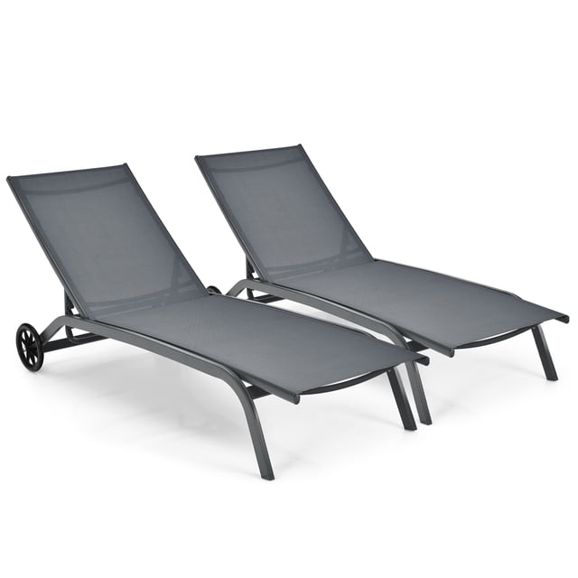 Costway Lot de 2 Chaises Longues de Patio Chaise Dossier Inclinable Réglable avec Roues en Gris, Conçues pour l'Extérieur. Dotées d'Un Cadre en Acier Antirouille, d'Un Tissu Respirant à Séchage Rapide et de six positions de Dossier Réglables. Inclut Deux Roues Lisses pour la Mobilité, Idéal pour patios, Jardins, au Bord de la Piscine et Cours Arrière.