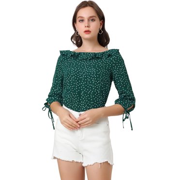 INSPIRE CHIC Blouse à Pois d'Été Transparente pour Femme à Col Volanté, Manches Mi-Longues, Hauts S Vert