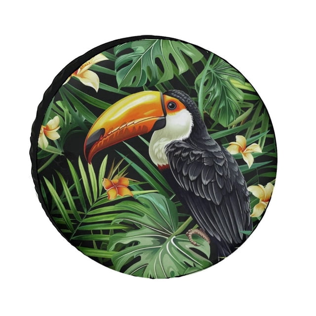 Housse de Pneu de Rechange pour Caravane 12 Pouces Toucan Tropical Perroquet Feuilles de Palmier Vertes Protège-Roues Florales Housses de Pneus Housses de Roues Résistantes aux Intempéries Belle Oiseau Tropical Convient pour VUS Camion Roulotte de Voyage