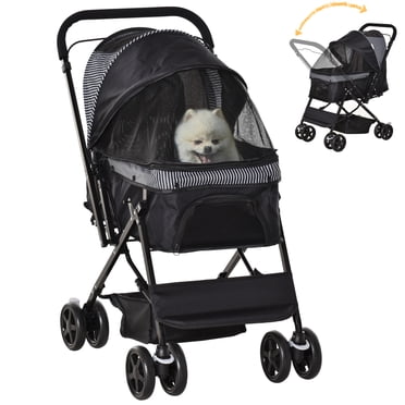 4 Wheels Pet Stroller with Reversible Handle and Brake, Black
