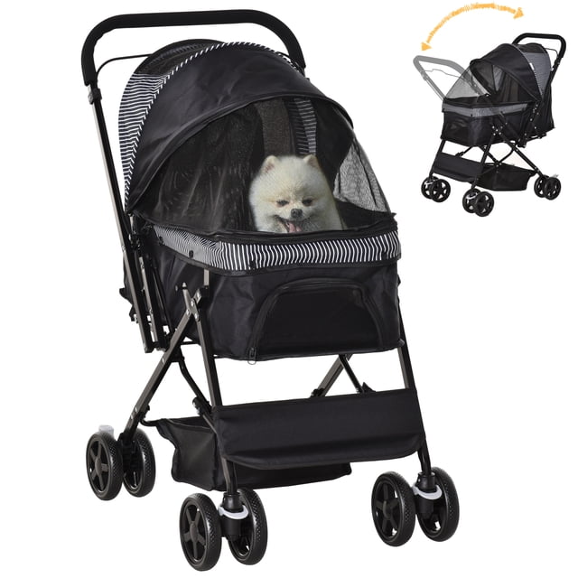 Poussette pour Animaux à 4 Roues avec Poignée Réversible et Frein, Noire
