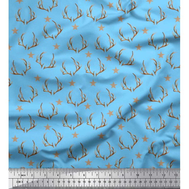 Soimoi Blue Poly Georgette Fabric Antler & Star Print Fabric by Yard 52 Inch Wide