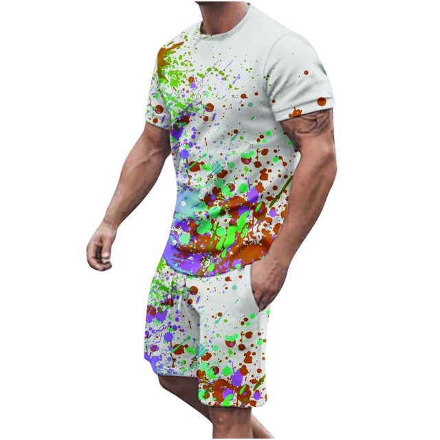 Men Print Short Sleeves Casual Beach Short Sleeve Round-Neck Blouses & Sets