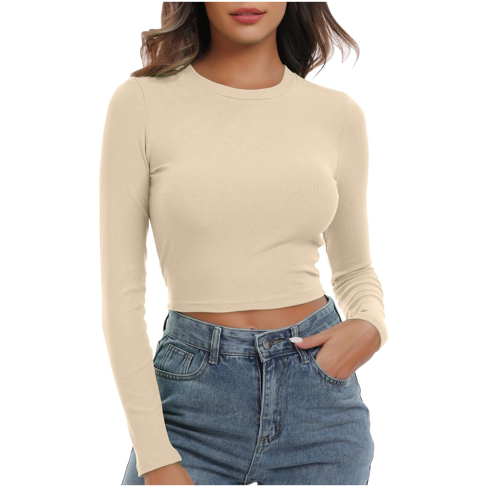 Timegard Hauts pour Femmes Côtelé Col Ras du Cou Manches Longues Ajusté Confortable T-Shirt Décontracté Court Hauts Bas Blouse Automne