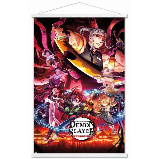 Demon Slayer - Key Visual 1 Wall Poster, 22.375" x 34" depicting multiple anime characters from the Entertainment District Arc in dynamic action poses with swirling water effects and a glowing red-orange cityscape background, printed on glossy poster paper.