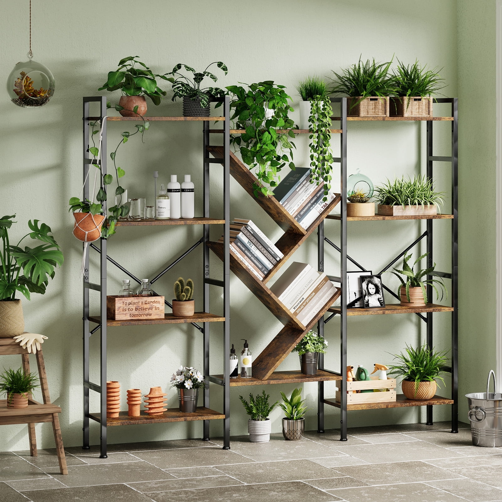 Kojooin Industrial 4-Tier Wooden Bookcase, Wide Book Shelf with 14 Open Display Shelves and Sturdy Metal Frame for Living Room or Office
