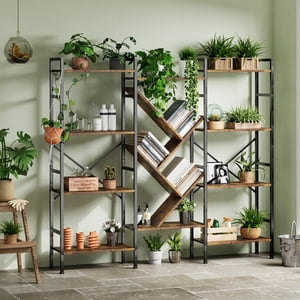 Kojooin Industrial 4-Tier Bibliothèque en bois, plateau de grand livre avec 14 Étagères à affichage ouvert et cadre métallique robuste pour salon ou bureau