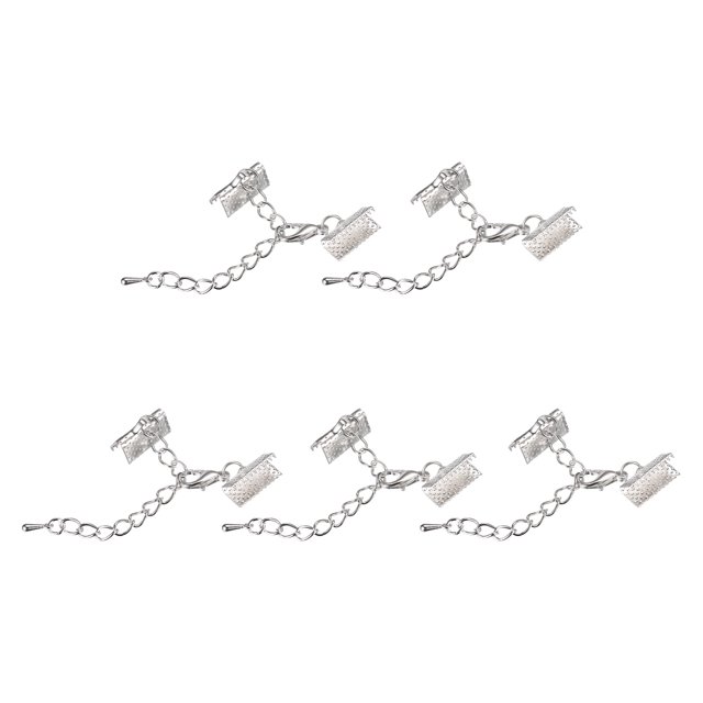Unique Bargains 10Set Ribbon Crimp Clamp Ends Lobster Claw Clasps & Chain 13mm Silver Tone for DIY