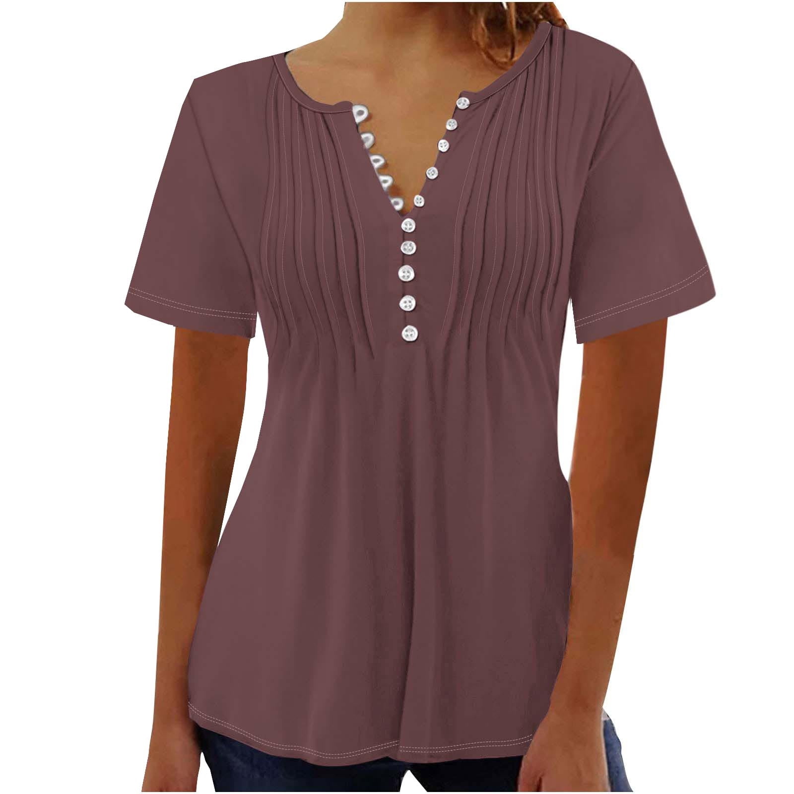 AherBiu Hauts pour Femmes Été à Boutons Col Rond Couleur Unie Froncé Chic Décontracté Tuniques Amples T-Shirts