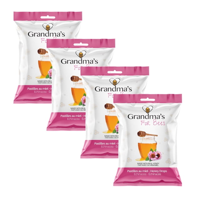 Grandma's For Bees Miel et Échinacée 80 g - Lot de 4, Gouttes au Miel à l'Ancienne Faites avec du Vrai Miel et de l'Échinacée, Idéales pour les Aliments du Garde-Manger. l'Emballage Met en Valeur une Trempette au Miel avec des Fleurs de Miel et d'Échinacée, Favorisant le Soutien Immunitaire. Fièrement Fabriqué au Canada.