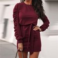 thumbnail image 4 of CEHVOM Fashion Women Autumn Solid Belt Long Sleeve Translucent O-Neck Mini Derss, 4 of 6